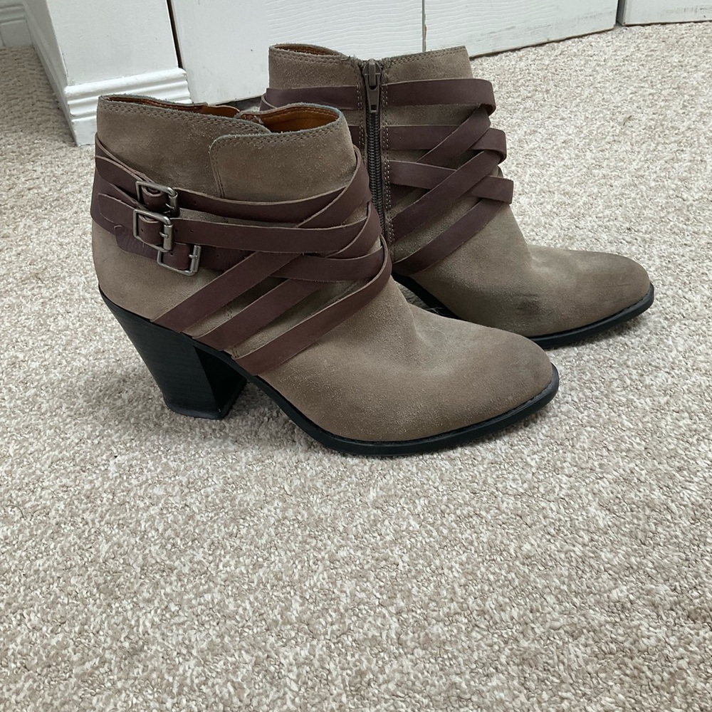 Lucky Brand Tan and Brown Ankle Booties with Decorative Buckle